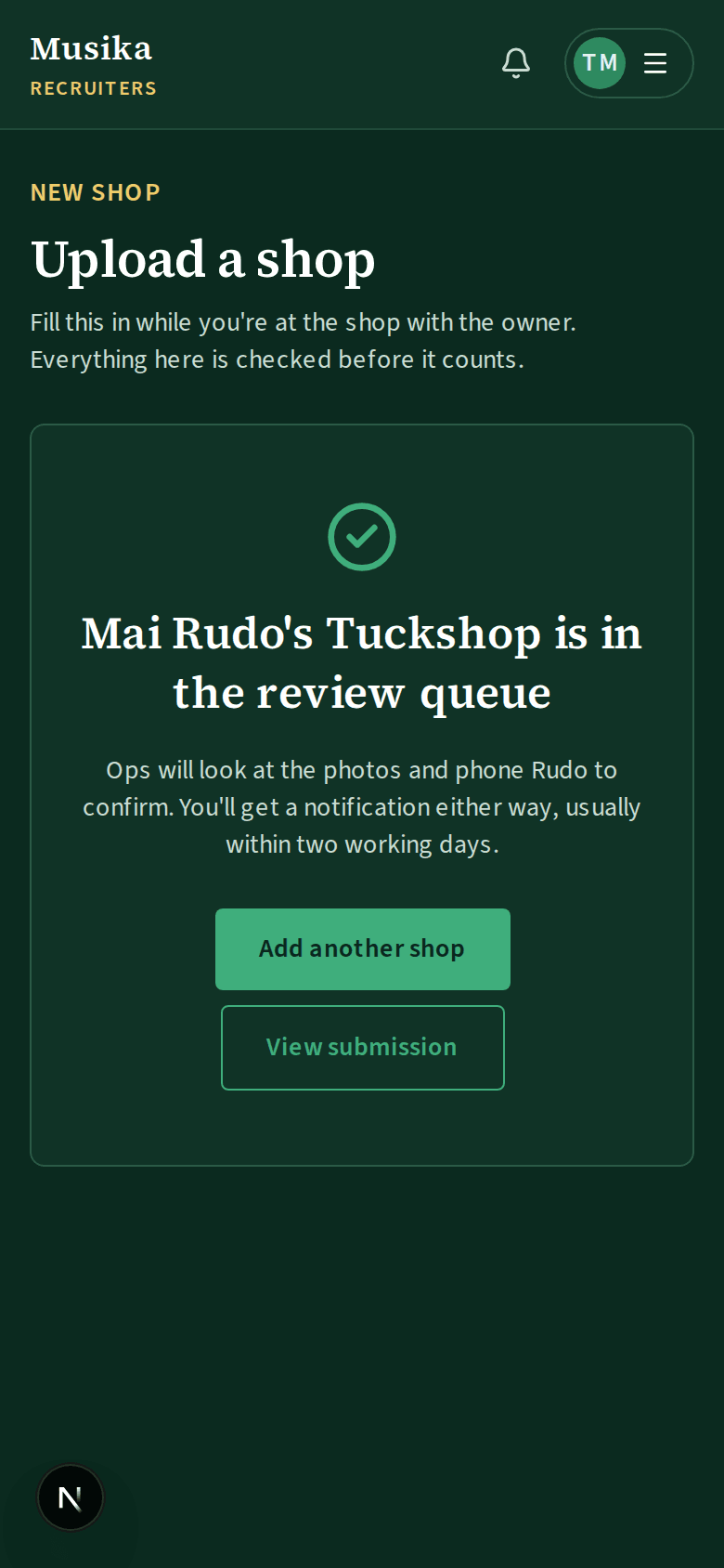 Confirmation that the shop is in the review queue