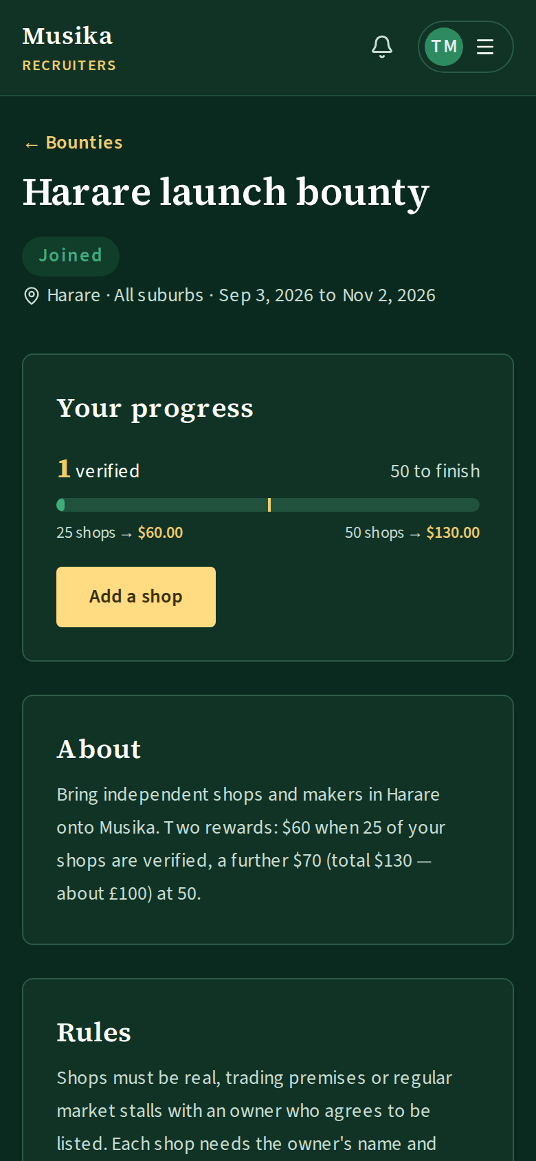 Bounty rules, progress and leaderboard