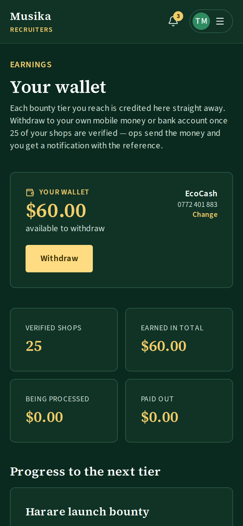 The wallet: balance available to withdraw, progress to each bounty tier, and the withdrawal history