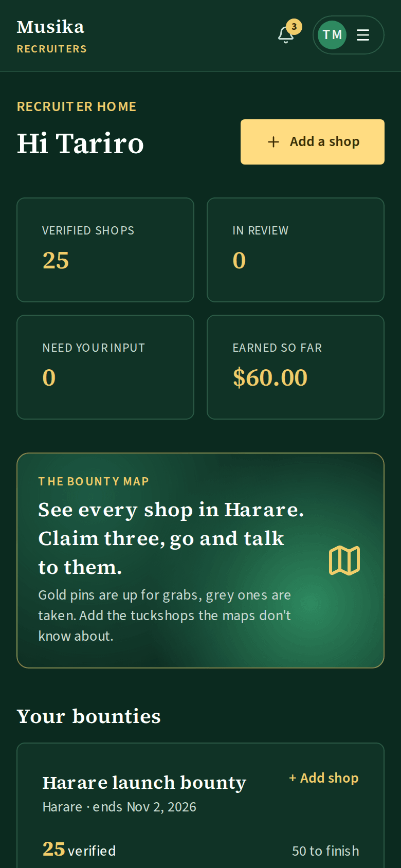 Home: verified count, shops in review, earnings and your bounties