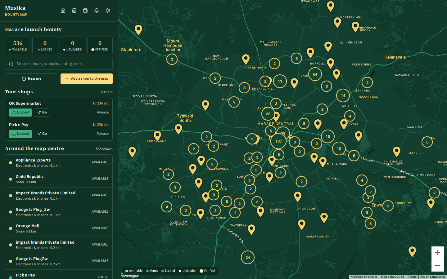 The full-screen bounty map of Harare with clustered gold pins and the recruiter panel on the left