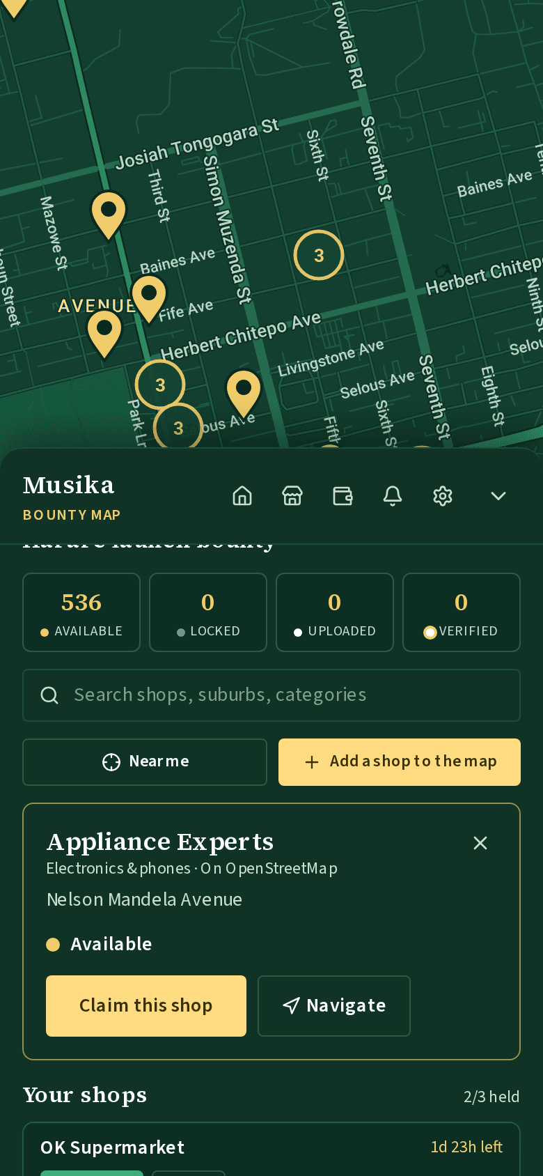 A shop selected on the bounty map, showing its details and a Claim button