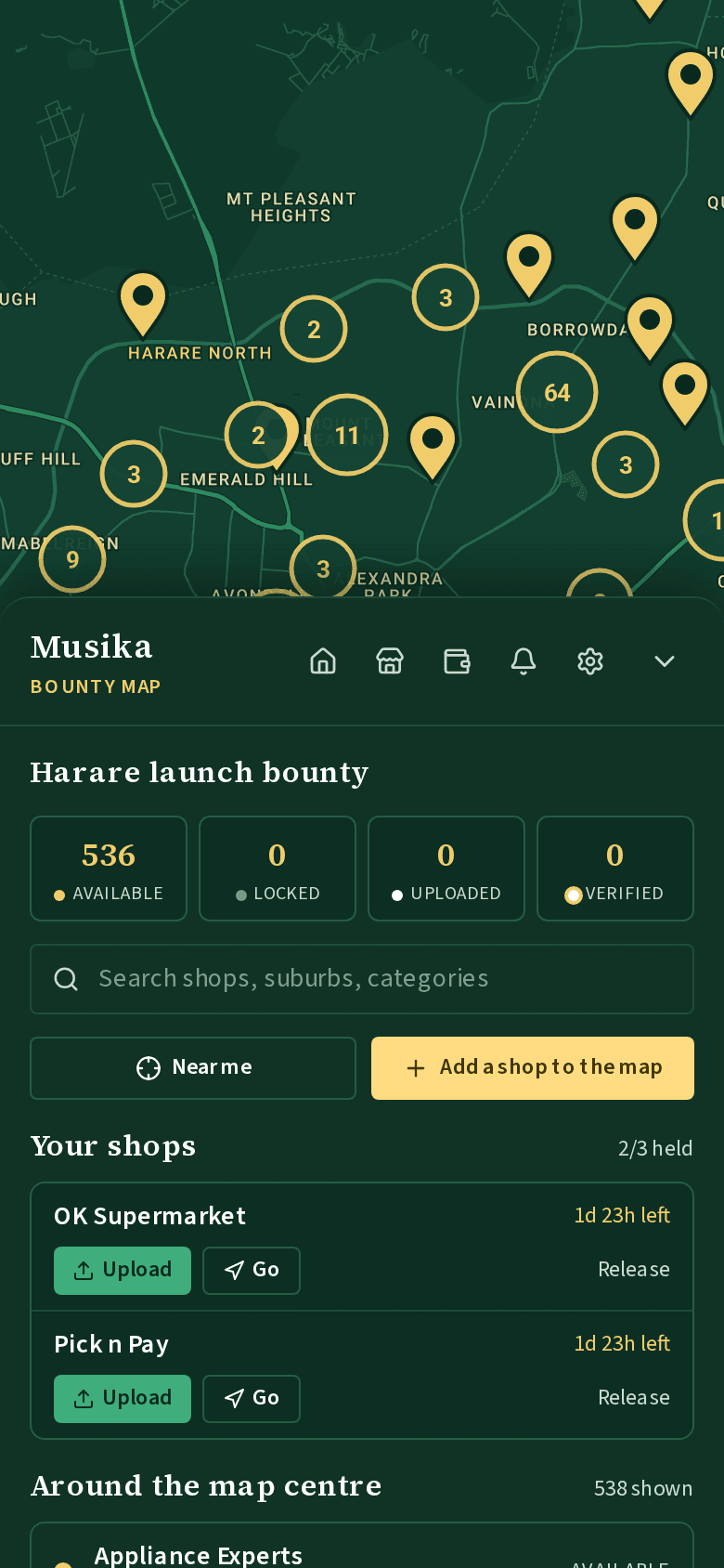 The bounty map on a phone: gold pins for shops that are up for grabs, with your claimed shops listed underneath