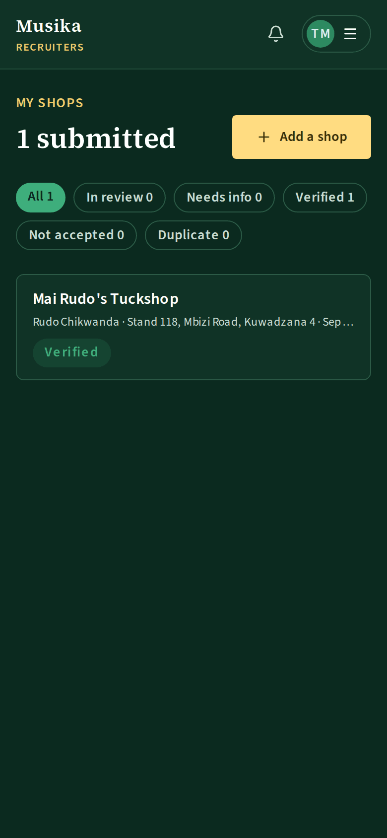 My shops: each upload with its status — in review, verified, needs info