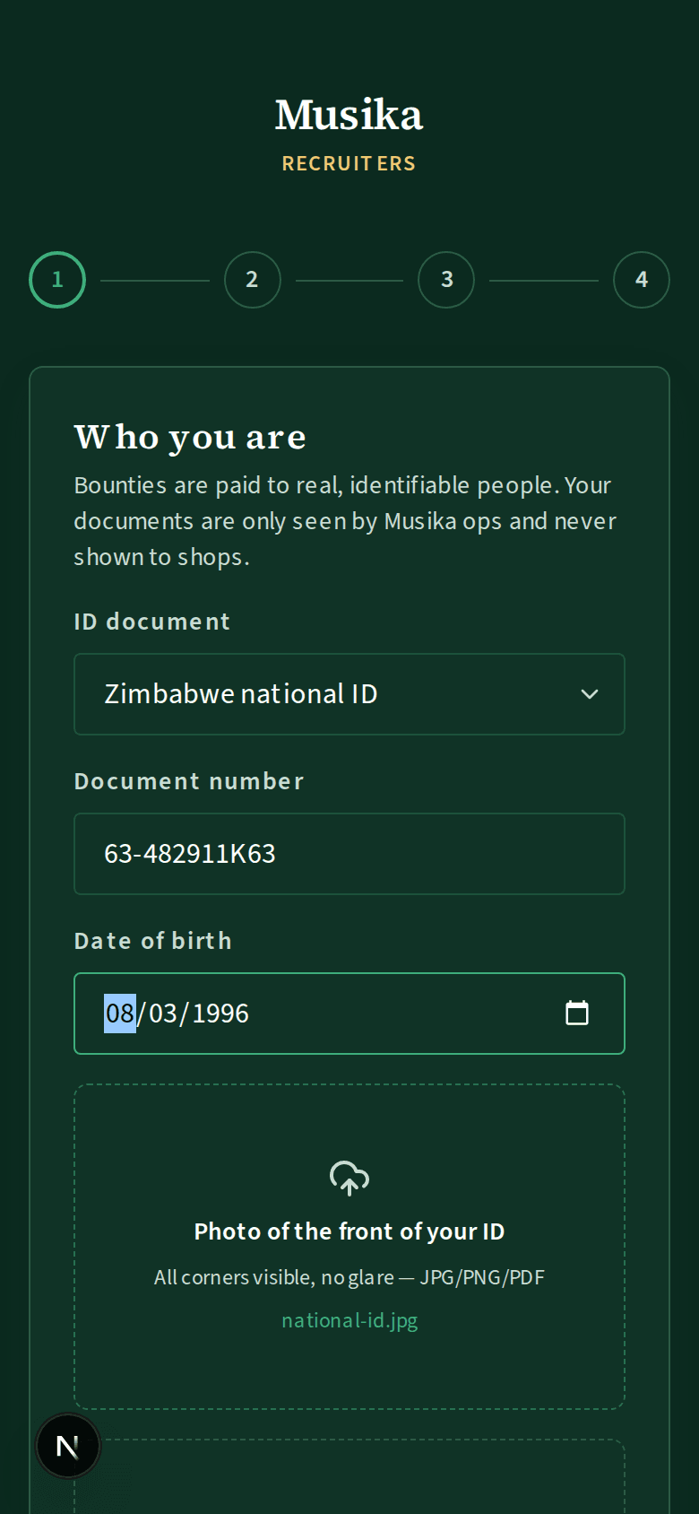Verification step one: choose an ID document, enter its number and date of birth, upload the front, back and a selfie