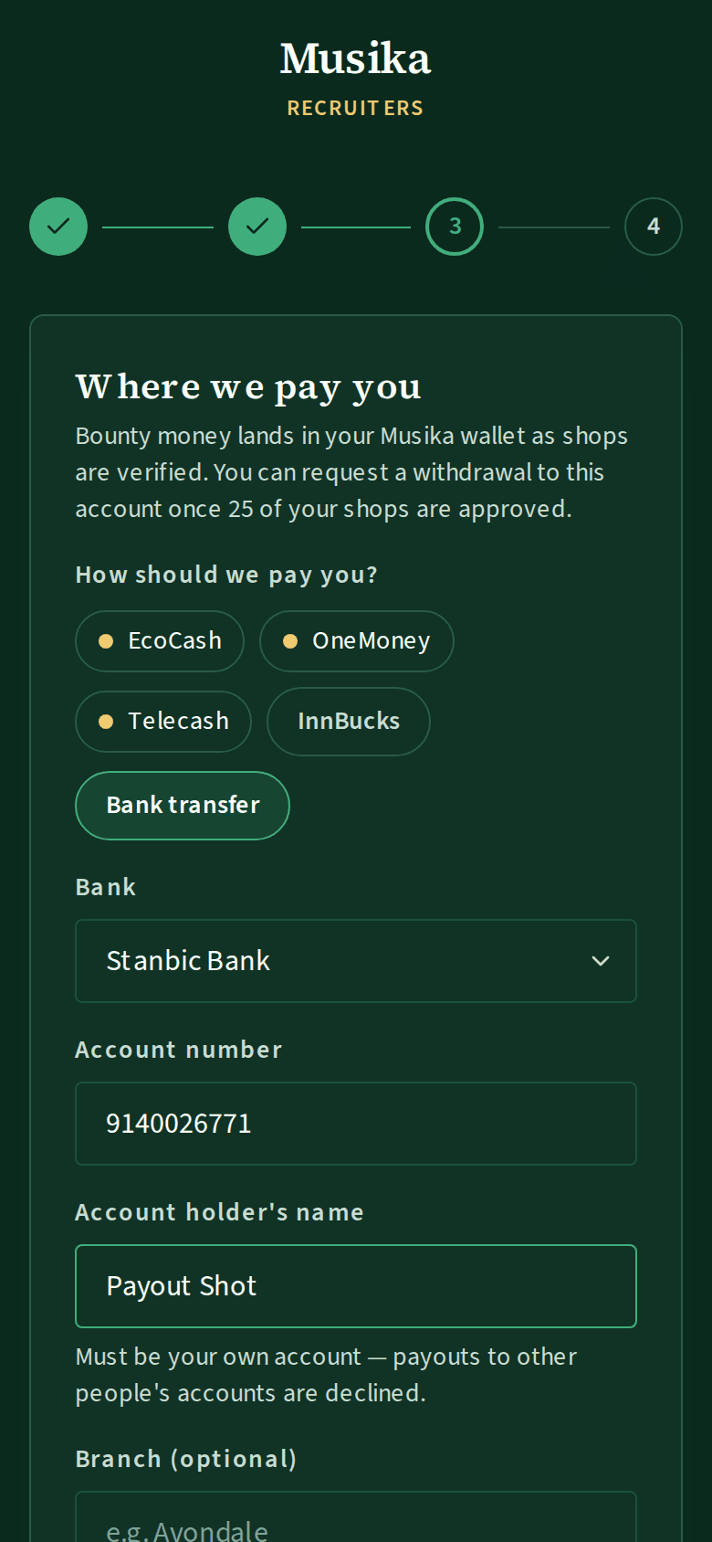 Choosing how to be paid: mobile money or a bank account with the holder's name