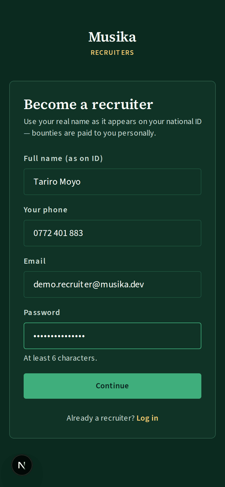 The sign-up form: full name as on your ID, phone, email and a password